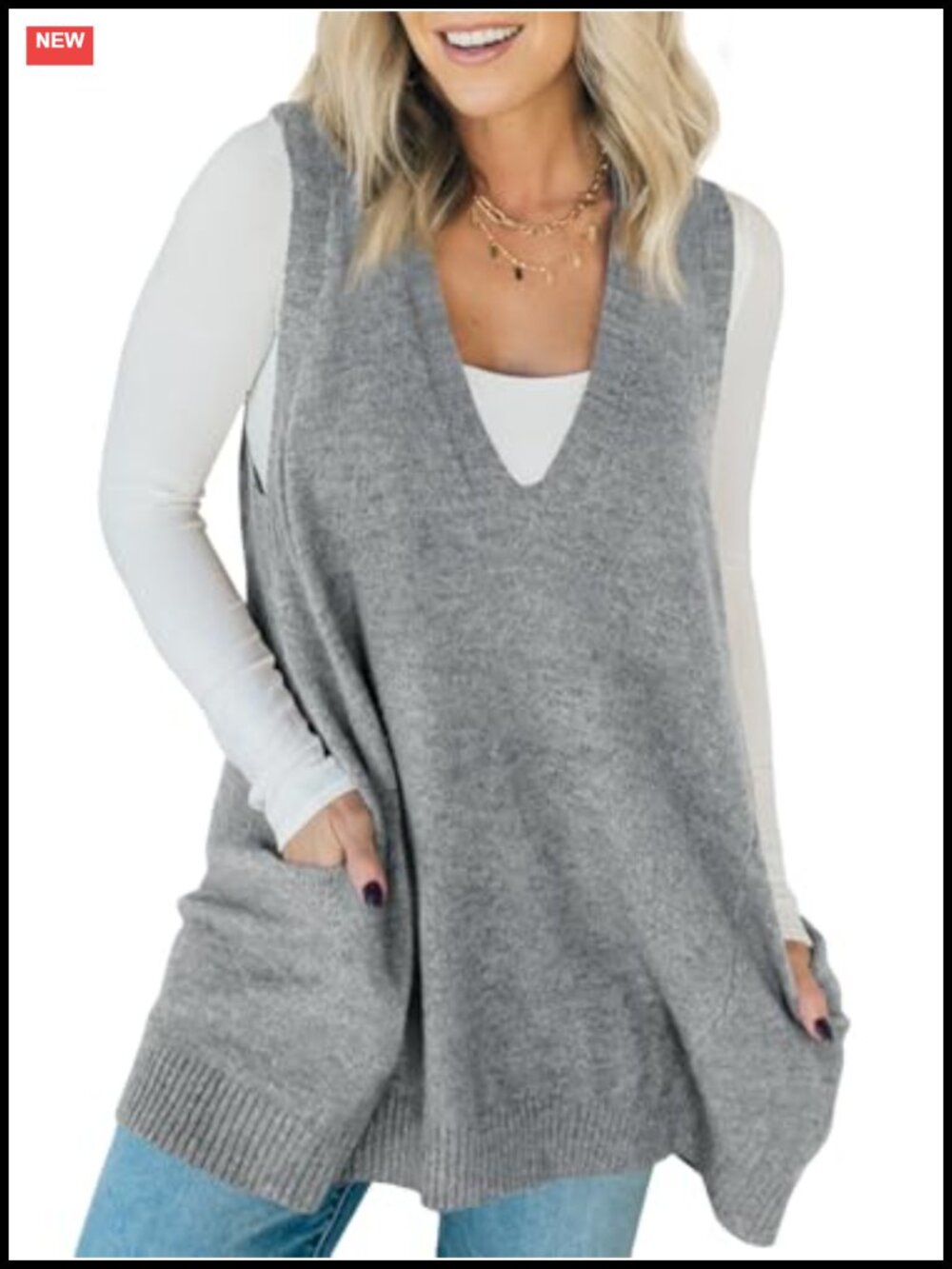 Saodimallsu Womens Sleeveless Knit Sweater Vest V Neck Long Tunic Dress Loose